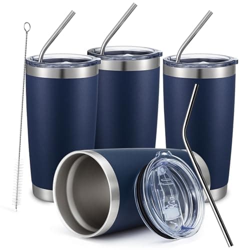 COMOOO 20oz Stainless Steel Navy Tumbler Bulk with Lid & Straw Insulated Coffee Tumbler Cup Double Wall Vacuum Travel Mug for Cold Drinks & Hot Beverage (Navy, 4 Pack), Navy Blue