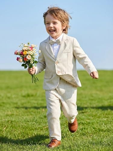 Volunboy Toddler Suit Baby Boy 2 piece Linen Blazer Dress Pants Set Boys Tuxedo Bowtie Set (BeigeWhite, 2-3T) — view 2