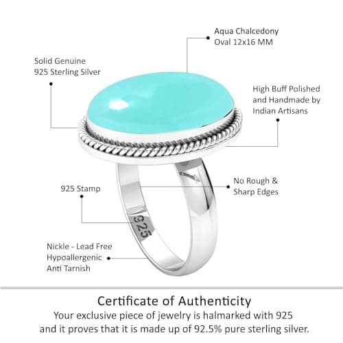 JEWELOPORIUM Aqua Chalcedony Silver Ring Size 9, 925 Sterling Silver Ring for Women, Chunky Oval Gemstone Boho Jewelry — view 3