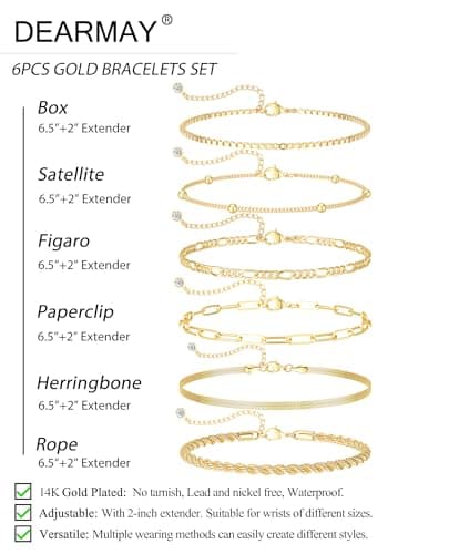 DEARMAY Gold Bracelets for Women Non Tarnish 14K Gold Plated Minimalist Bracelets Stack for Women Trendy Dainty Stackable Paperclip Rope Snake Box Figaro Chain Bracelets Set Pack Jewelry Sets Costume Fashion Gifts — view 4
