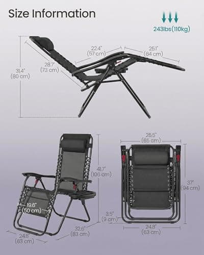 SONGMICS Zero Gravity Chairs, Folding Sun Loungers with Tray, Adjustable Headrest, for Patio, Garden, Max. Load 110 kg, Black UGLB030BZ02 — view 2