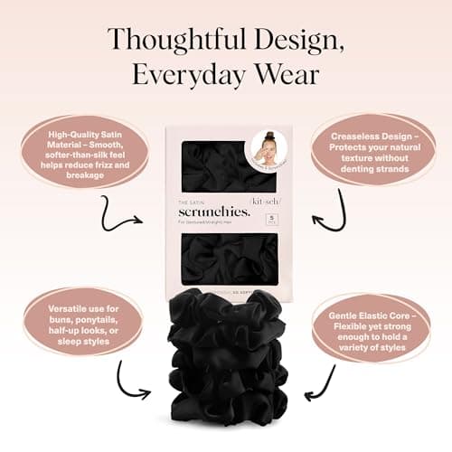 Kitsch Satin Scrunchies for Women - No Crease, Frizz Control | Softer Than Silk Scrunchies Gentle On Hair Scrunchies for All Hair Types | Stylish Hair Accessories College Essentials - Black, 5pcs — view 3