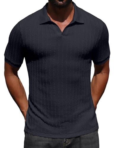 Askdeer Men's Polo Shirts Casual Short Sleeve Stretchy Ribbed Textured Old Money Vacation Beach Golf T Shirts Navy Blue Large — view 4