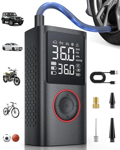 Powools Tire Inflator Portable Air Compressor, 150 PSI Cordless Bike Pump, Air Pump for Auto, Motorcycle, Bicycle, Balls with Pressure Gauge, LED Light & Car Accessories, Black, Large Capacity