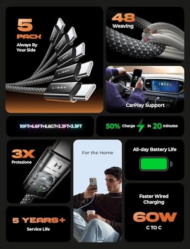 LISEN USB C to USB C Cable, 5-Pack [3.3/3.3/6.6/6.6/10FT] 60W Fast Charging