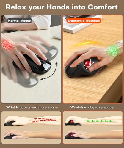 Ergonomic Wireless Trackball Mouse, 3 Device Connection (Bluetooth or 2.4G USB Receiver) Bluetooth Quiet Computer Mouse, 2*AAA Battery Thumb Laptop Mice with 5 Level DPI for PC/Laptop/Mac/Windows Red — view 4