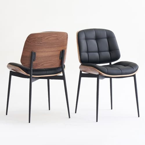 GrandNoor Mid Century Modern Dining Chairs with Walnut Grain Back,Black Faux Leather Dining Room Chairs Set of 4,Checkered Soft Cushion Kitchen Chairs with Adjustable Foot Pads — view 2