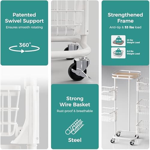 Ocyfym 5 Tier Kitchen Fruit Vegetable Storage Cart with Rotating Basket, Rolling Rack Shelf Organizer Floor Stand on Wheel for Snack Spice Produce Veggie Onion Potato Bin, Vianderos Para Cocina, White — view 5