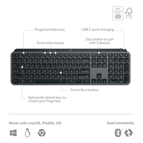 Logitech MX Keys S Wireless Keyboard, Low Profile, Fluid Precise Quiet Typing, Programmable Keys, Backlighting, Bluetooth, USB C Rechargeable, for Windows PC, Linux, Chrome, Mac - Graphite — view 5