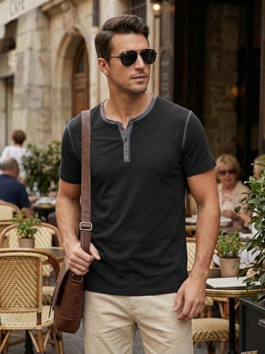 Rela Bota Mens Henley Shirts Short Sleeve Casual Summer T-Shirt Cotton Classic Crewneck Button Tees Muscle Slim Fit Tops Black — view 2