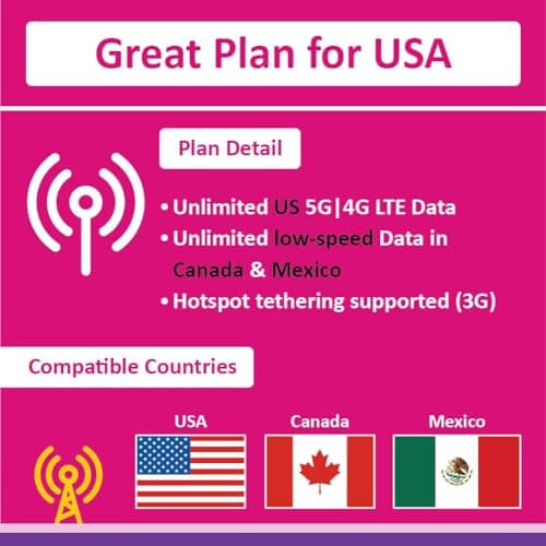 USA Prepaid SIM Card (Use T-Mobile network)|Unlimited 5G/4G Internet Data in USA (Hawaii included)+Unlimited low-speed Data in Canada and Mexico|Limitless Calls and Texts among US, CA and MX (6 Days) — view 2