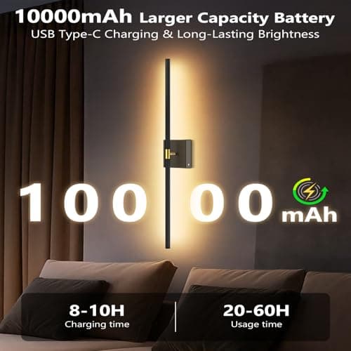 Yogaret Battery Operated Wall Sconces Set of 2,10000mAh Rechargeable Wireless Wall Lights with Remote,360°Rotate Magnetic Wall Lamps,Dimmable Sconces Wall Lighting for Bedroom,Mirror,Living Room,32in — view 2