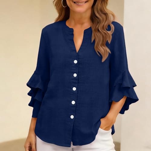 3/4 Ruffle Sleeve Cotton Linen Shirts for Women Dressy V Neck Beach Tunic Tops Elegant Summer Casual Work Blouses Navy — view 2