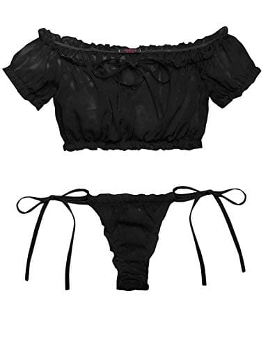 Avidlove 2Pcs Cute & Sexy Chiffon Lingerie Set Polka Dot Transparent Bra and Thongs Set Black