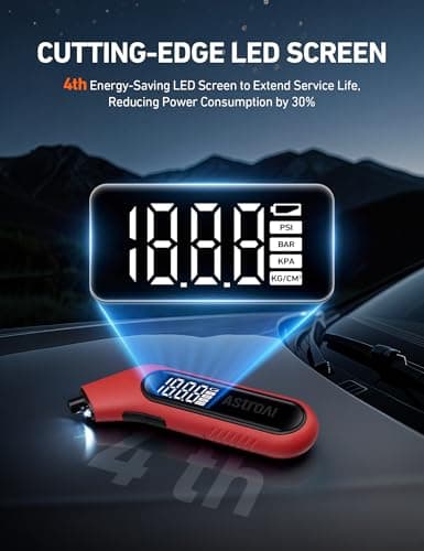 AstroAI Digital Tire Pressure Gauge 3-300PSI Calibrated to ANSI B40.7 Grade 2A (0.5%), Backlight and Flashlight, Presta Valve Adaptor Included, 4 Units, AAA Batteries, Red — view 3