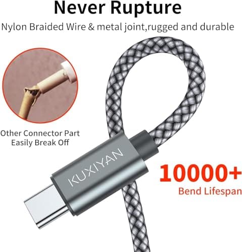 USB Type C Cable, (2-Pack 6.6FT) USB C Charger Cable Nylon Braided Fast Charging Sync Cord Compatible with iPhone 16/15 Pro Max Samsung Galaxy S10 S9 S8 Plus,Note 9 8, LG G7,Google Pixel 2 XL — view 4