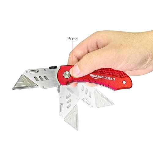 Amazon Basics Folding Utility Knife Box Cutter with Back-lock Mechanism, Portable Lightweight Aluminum Handle, Red — view 3
