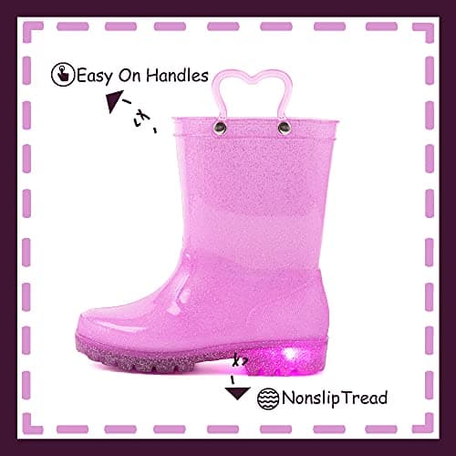 OUTEE Toddler Girls Rain Boots Little Kids Baby Light Up Glitter Waterproof Rubber Mud Shoes Lightweight Sparkle Pink Adorable with Easy-On Handles Non Slip (Size 12,Pink) — view 3