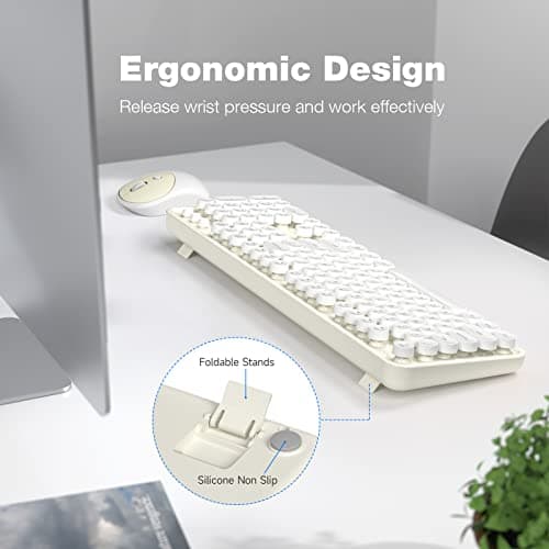 Atelus Wireless Keyboard and Mouse, Typewriter Full Size Keyboard with Number Pad and 2 in 1 USB Connected Mouse for Windows 7/8/10, Laptop, Desktop, PC, Computer (Off-White) — view 4