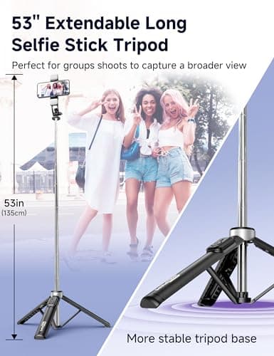 Selfie Stick with 2 Fill Light, 53'' Tripod for Cell Phone with Wireless Remote, 360° Rotating Portable Phone Tripod with Detachable Clip, Travel Phone Holder Compatible with iPhone/Samsung/GoPro — view 2