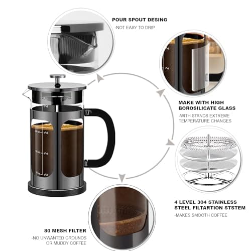 YMMIND French Press Coffee Maker (34oz 1Quart 5-6Cup) Coffee Press, with 4 Filters System, Heat Resistant Thickness Borosilicate Glass, Cold Brew Coffee Tea Pot Gifts (Bright Black) — view 3
