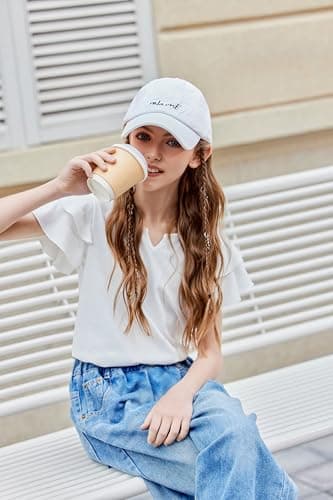 Arshiner Girls Short Sleeve Little V Neck Shirts Ruffle T-Shirts Plain Tee Summer Casual Tops for Gilrs Fashion White 7-8 Years — view 2