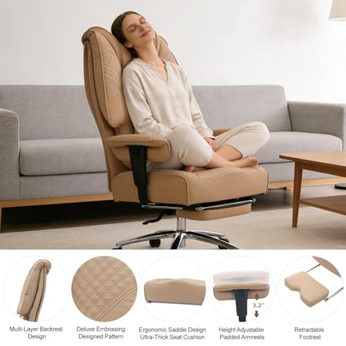 EXCEBET Big and Tall Office Chair 400lbs Wide Seat, Leather High Back Executive Office Chair with Foot Rest, Ergonomic Chairs Lumbar Support for Lower Back Pain Relief, All-Day Comfort (Brown) — view 3
