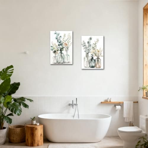 CXHOSTENT 2PCS Eucalyptus Wall Art Bathroom Floral Picture Watercolor Botanical Paintings Glass Vases Canvas Print Sage Green Leaves Poster Rustic Kitchen Decor Framed (White, 11x14inchx2 Pieces) — view 2