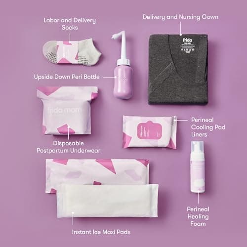Frida Mom Hospital Packing Kit for Labor, Delivery, & Postpartum | Nursing Gown, Socks, Peri Bottle, Disposable Underwear, Ice Maxi Pads, Pad Liners, Perineal Foam, Toiletry Bag (15 PIECE GIFT SET) — view 2