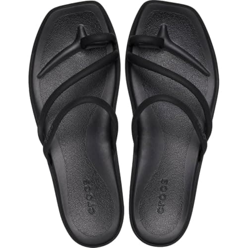 Crocs Women's Miami Toe Loop Sandals | Square Toe Flat | Flexible Straps | Croslite Foam Footbed, Black, 8 — view 2