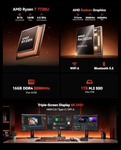 KAMRUI E3B Mini Gaming PC Windows 11 pro, AMD Ryzen 7 7730U (Upgraded 7640HS/7430U), 16GB RAM 1TB M.2 SSD Desktop Computers, 4K Triple Display/Type-C/WiFi6/BT5.2 for Gaming | Business | Home | Office — view 2