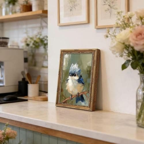 Dougepce 3D Texture Oil Painting,Vintage Gold Framed Wall Art,Blue Bird Wall Art Canvas Prints, Birds on Tree Pictures Wall Decor, Birds Artwork Paintings for Bedroom Wall Decor (Blue 11''Lx9''W) — view 4