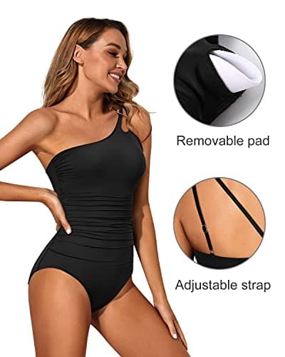 Holipick One Shoulder One Piece Swimsuit for Women Tummy Control Bathing Suits Modest Full Coverage Keyhole Swimwear Black — view 3