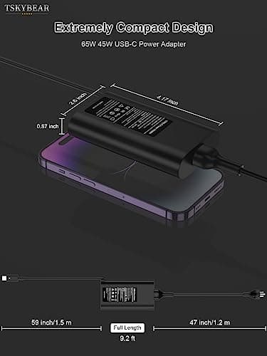 TSKYBEAR 65W USB-C Laptop Charger Compatible with Dell Latitude 5420 5430 5520 5540 5400 7420 7430 7320 7410 7440 5530 5410, XPS 13 9360 9370 9380, Chromebook 3100 3110 3400 Type C Power Cord — view 2