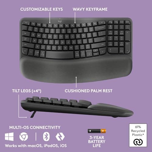 Logitech Wave Keys MK670 Combo, Wireless Ergonomic Keyboard with Signature M550 L Wireless Mouse, Comfortable Natural Typing, Bluetooth, Logi Bolt, for Multi-OS, Windows/Mac - Graphite — view 5