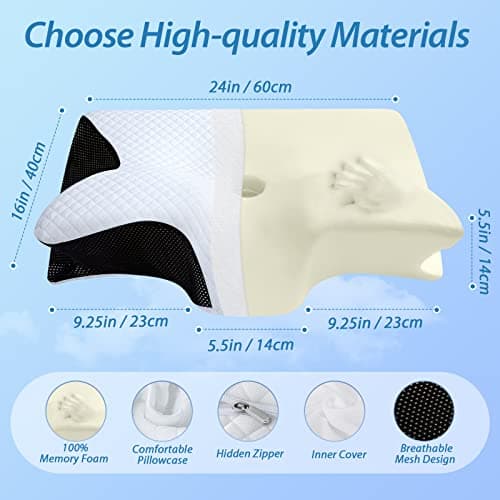 HOMCA Memory Foam Pillow, 2 in 1 Cervical Pillow for Neck Pain Relief, Ergonomic Neck Support Pillows for Side Back Stomach Sleepers with Breathable Pillowcase (Black) — view 2