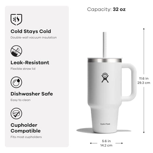 Hydro Flask Travel Tumbler with Handle, Lid and Straw - Insulated Stainless Steel in 32 Oz Agave