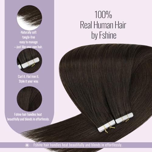 Fshine Tape in Hair Extensions Dark Brown Tape Human Hair Extensions 18 Inch Seamless Skin Weft Double Sided PU Glue in Extensions Invisible 50 Grams — view 3