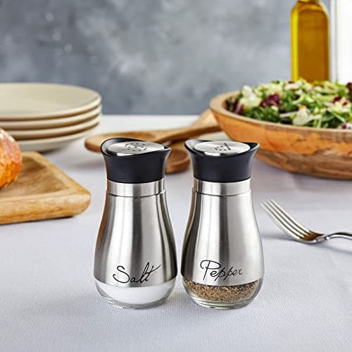 Stainless Steel Salt and Pepper Shaker Set with Glass Bottom, Perforated "S" and "P" Caps - Modern Kitchen Counter Decor (4oz) — view 4