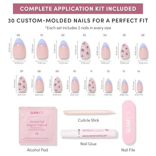 Glamnetic Press On Nails - Bluebelle | Short Almond Fake Nails with Pale Blue French Tips & 3D Blueberry Accents on Semi-Sheer Base, Glossy Finish, Salon Quality | 15 Sizes - 30 Nail Kit with Glue — view 3