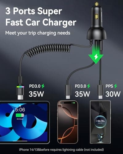 Rocoren 70W Car Charger for iPhone 17 Pro Max, USB C Car Charger Fast Charging with 5.2Ft Type C Coiled Cable, Super Fast USBC Phone Cigarette Lighter Adapter for iPhone 17/16/15, iPad,Samsung,Android — view 3