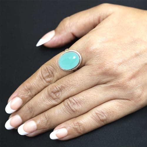 JEWELOPORIUM Aqua Chalcedony Silver Ring Size 9, 925 Sterling Silver Ring for Women, Chunky Oval Gemstone Boho Jewelry — view 2