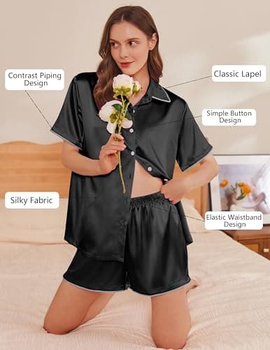 Ekouaer Silky Satin Pajamas Sets for Womens Short Sleeve Button Down Sleepwear 2 Piece Lounge Set Pjs Shorts Summer Outfits Black — view 3
