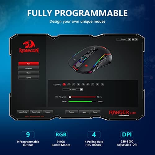 Redragon Gaming Mouse, Wireless Mouse Gaming with 8000 DPI, PC Gaming Mice with Fire Button, RGB Backlit Programmable Ergonomic Mouse Gamer, Rechargeable, 70Hrs for Windows, Mac Gamer, Black — view 4