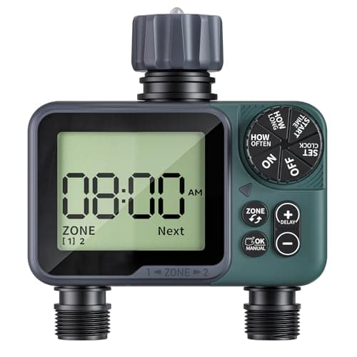 Sprinkler Timer 2 Zone & Digital Water Timer for Garden Hose, Yard, Lawn, Pool – Programmable Irrigation Controller with Rain Delay, IP55 Waterproof Auto & Manual Irrigation System