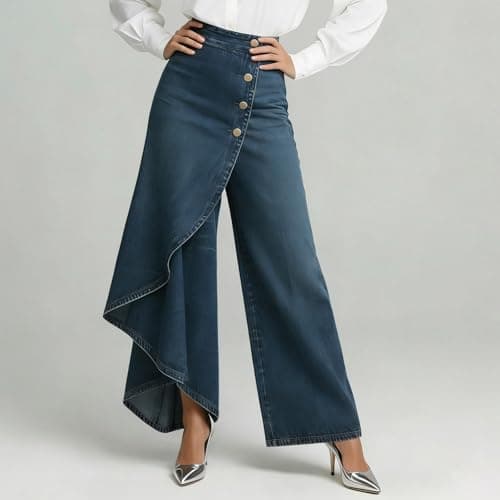 Wide Leg Jeans Woman High Waisted Asymmetrical Baggy Trendy Business Casual Denim Pant Button Ruffle Spring Outfits S-3XL Blue — view 5