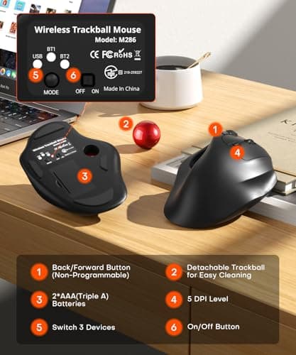 Ergonomic Wireless Trackball Mouse, 3 Device Connection (Bluetooth or 2.4G USB Receiver) Bluetooth Quiet Computer Mouse, 2*AAA Battery Thumb Laptop Mice with 5 Level DPI for PC/Laptop/Mac/Windows Red — view 5