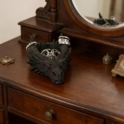 Gothic Dragon Head Jewelry Tray, Dark Fantasy Desktop Organizer, 3D Printed Dragon Figurine Key Bowl, Mythical Creature Decor for Office Home - Black