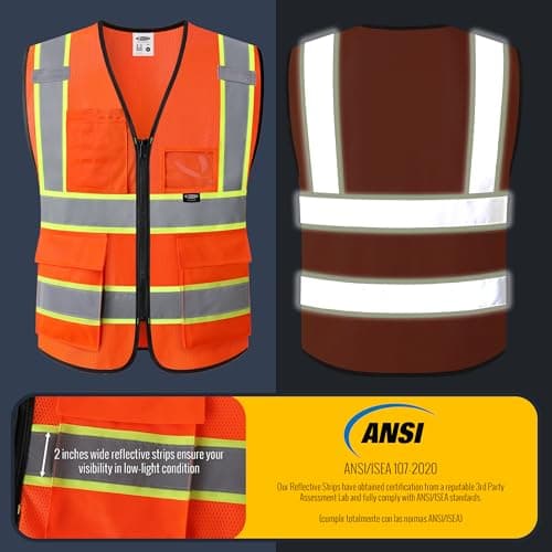 JKSafety Safety Vest for Men Women Hi Vis Vest with Pockets and Zipper Front Class 2 High Visibility Meet ANSI Standard Orange Color Extended Yellow Strips (BX320-Orange L) — view 2