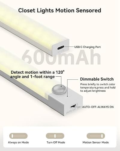 Rihvy Under Cabinet Lights 8 Inch 3-Pack, Rechargeable Battery Operated Motion Sensor Light Indoor, Dimmable Closet Lights, Wireless Under Counter Lights for Kitchen, Stairs — view 3